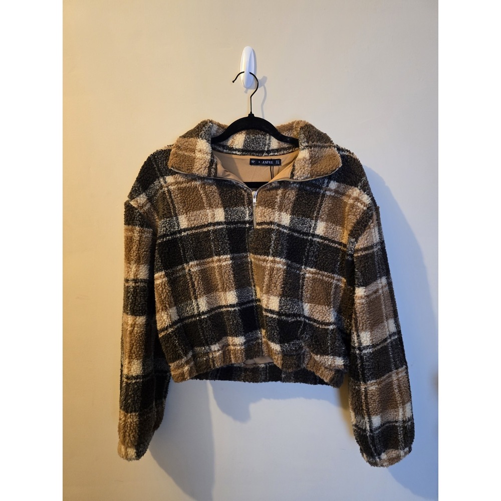 Zaful womens small sherpa Cropped sweater pullover 1/2 zip Brown Plaid - Picture 2 of 4